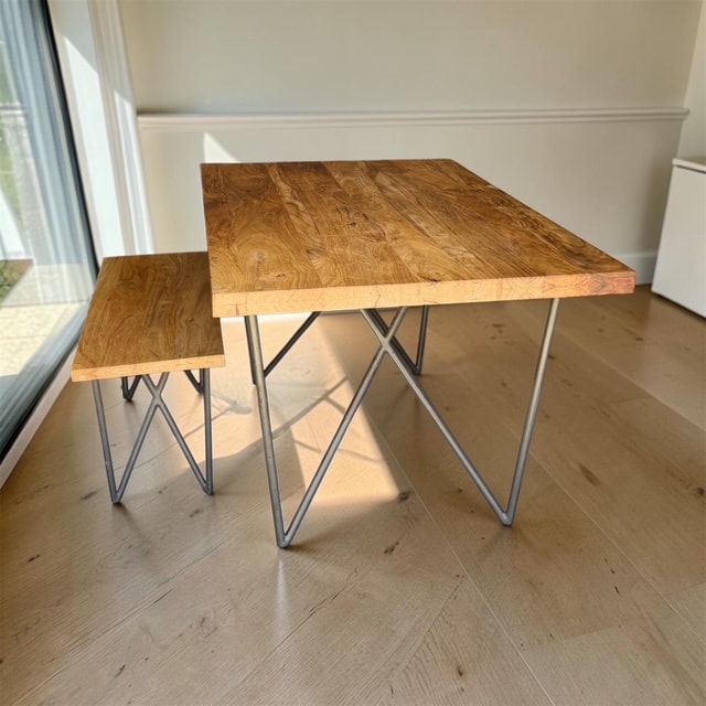 Solid Wood Dining Table & Bench Set with Hairpin Legs