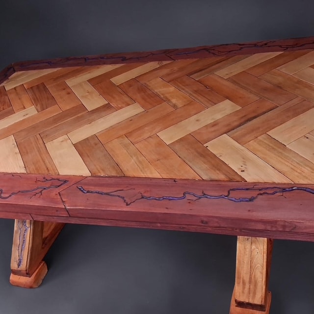 Handmade Herringbone Dining Table with Purple Fractal Resin Inlay