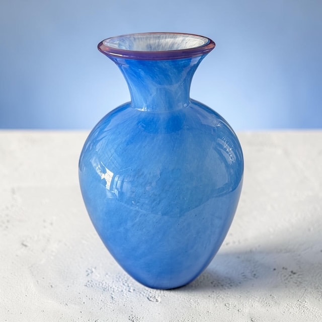 Hand-Blown Blue Marbled Glass Vase