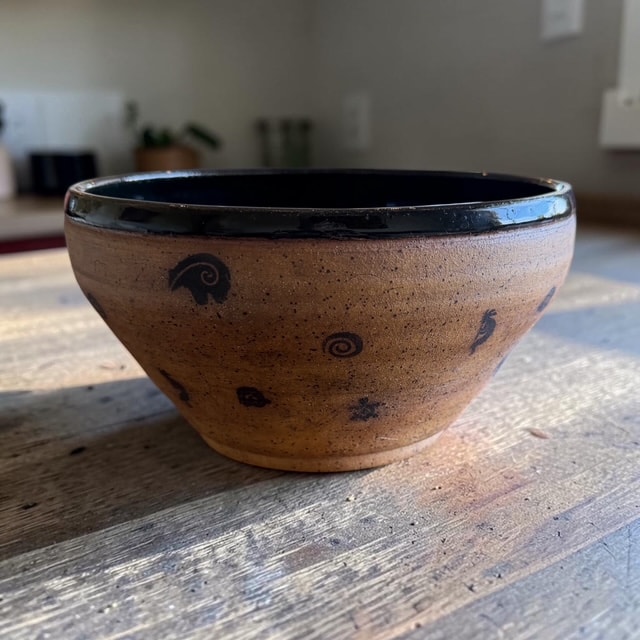 Signed LMD Studio Pottery Ceramic Bowl with Southwestern Motifs