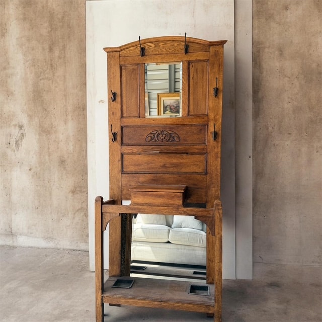 Antique Oak Hall Tree with Mirror and Umbrella Stand