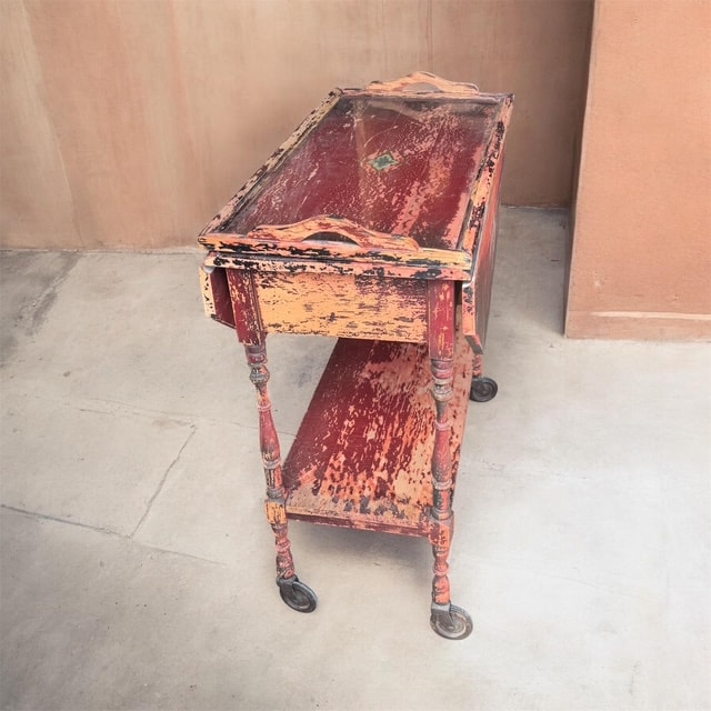 Vintage Distressed Red Wooden Tea Cart with Glass Tray