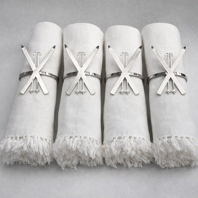 Set of 4 Silver Ski and Pole Napkin Rings