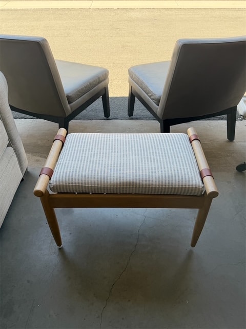 Modern Wood Ottoman with Striped Cushion and Leather Straps