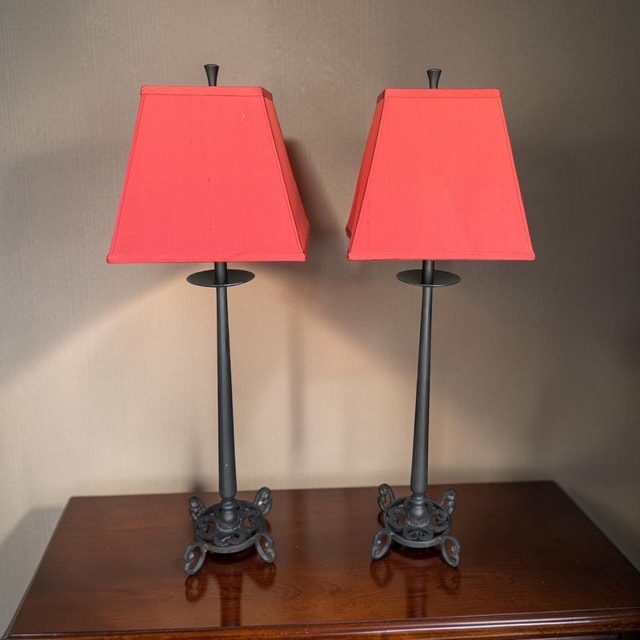 Pair of Wrought Iron Table Lamps with Red Shades